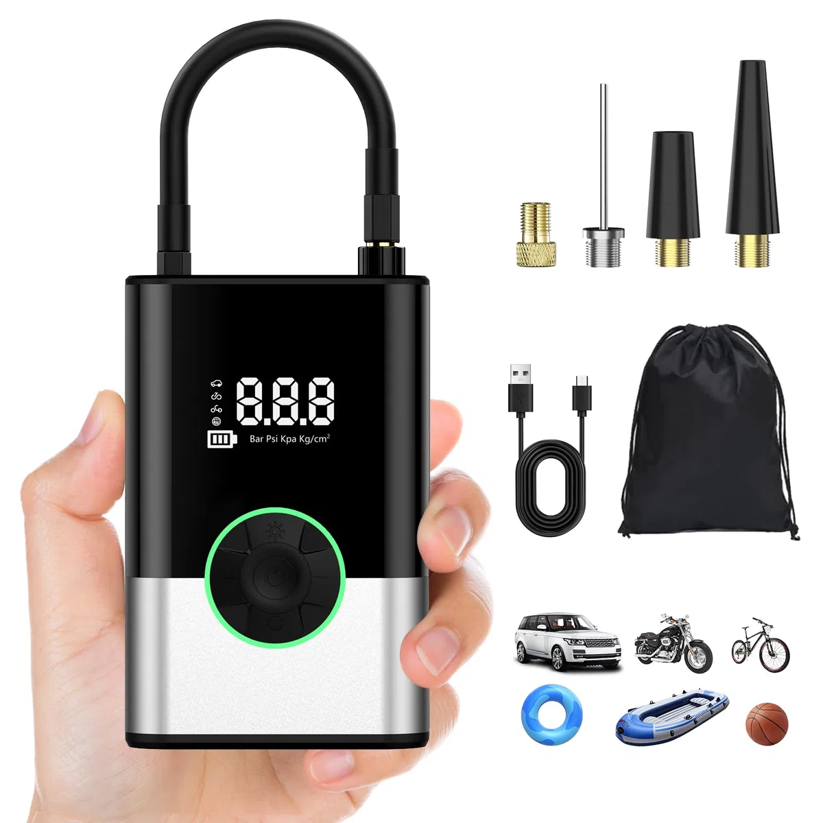 6000mAh Pompa ad Aria Elettronica Portatile, 150PSI Pompa per Bicicletta Elettrica, Compressore d'Aria Portatile Senza Fili, Compressore d'Aria Elettrico Portatile, Pompa per Auto, Nero