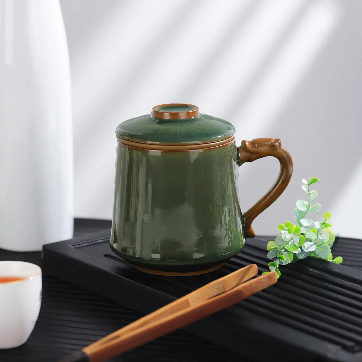 fanquare Tazza da Tè in Ceramica con Infusore e Coperchio Tazze da Tè Cinesi a Smalto Verde Tazza Grande per la Macerazione del Tè per Regali Casa 450ml