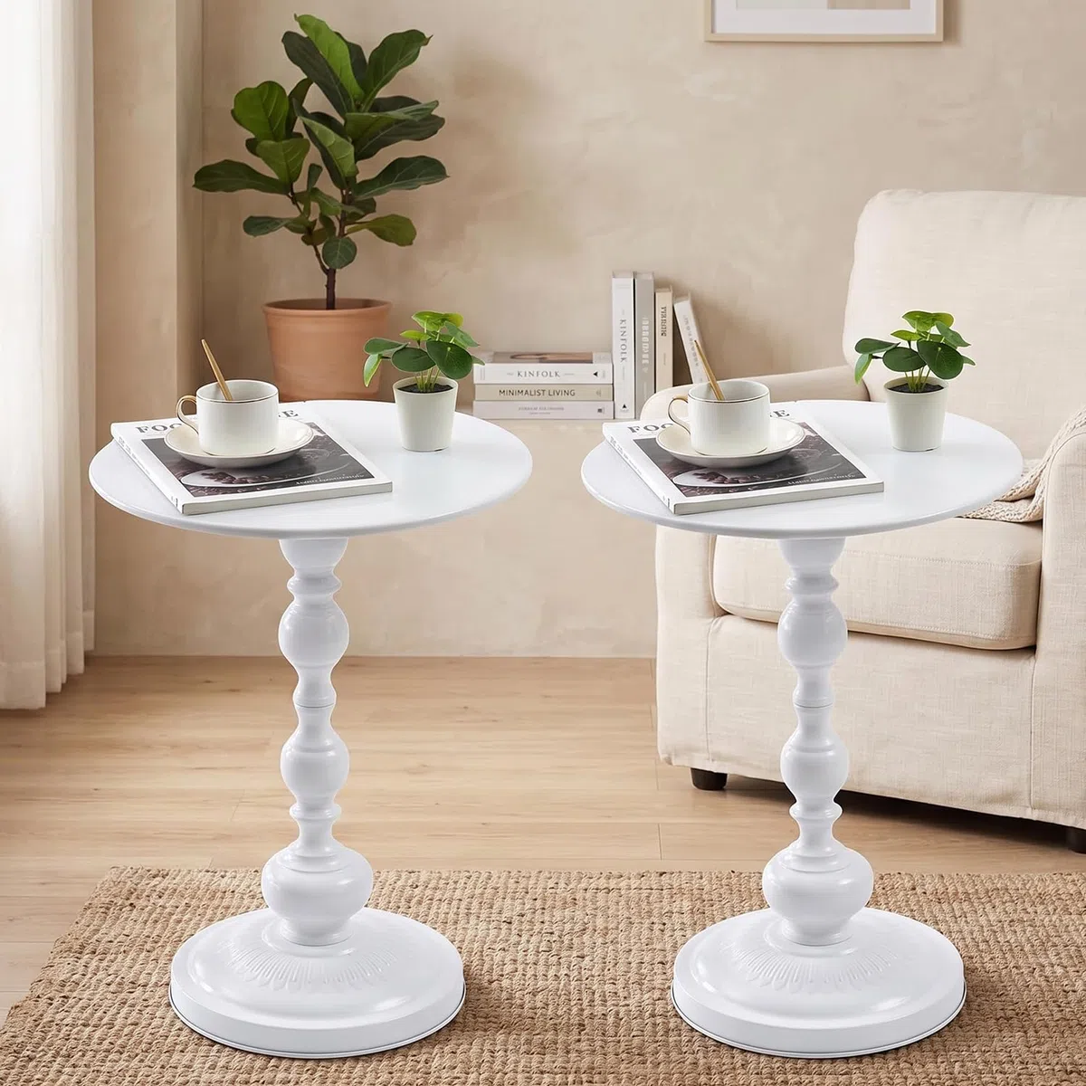 Set da 2 Tavolini Piccolo da Salotto, Tavolino da Balcone, Vintage Tavolino Piccolo in Metallo, Creativo Coffee Table (Bianco, 40 x 45 cm)