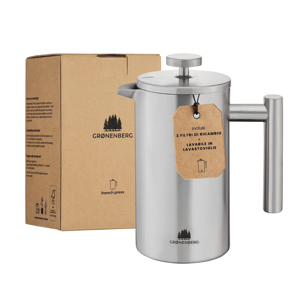 Groenenberg French Press 350ml (2 Tazze) l Caffettiera francese in acciaio inox l Caffettiera pistone con filtri di ricambio e funzione termica