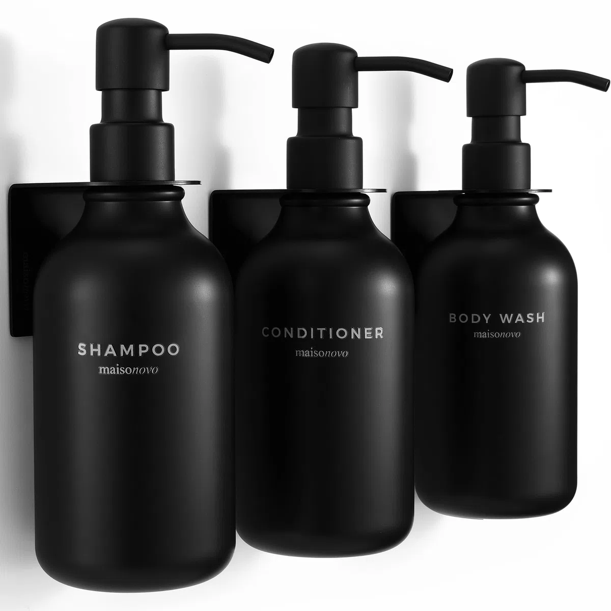 MaisoNovo Dispenser Per Shampoo E Balsamo - Dispenser Per Sapone Da Doccia Con Montaggio A Parete - Set Da 3 Flaconi In Plastica Nera Da 500 ml Con Pompe Nere - 3 Scomparti Senza Foratura