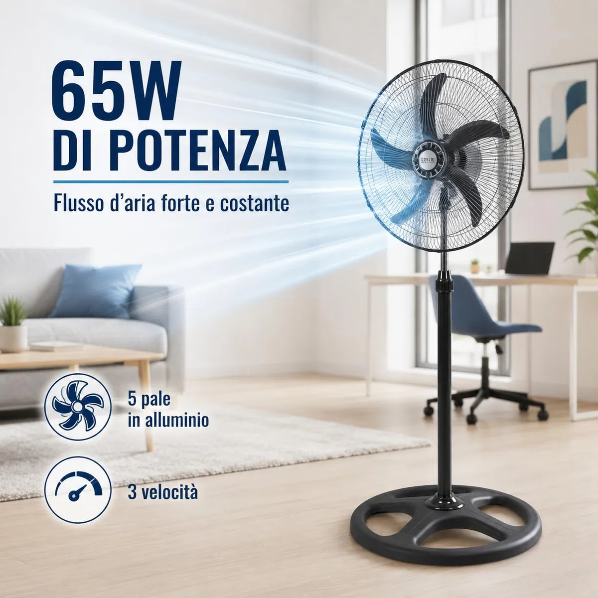WENZO Ventilatore a Piantana 65W con 5 Pale in Alluminio, 3 Velocità, Oscillazione Laterale Automatica, Altezza Regolabile fino a 125 cm, Ventilatore da Terra Potente per Casa, Ufficio e Negozio
