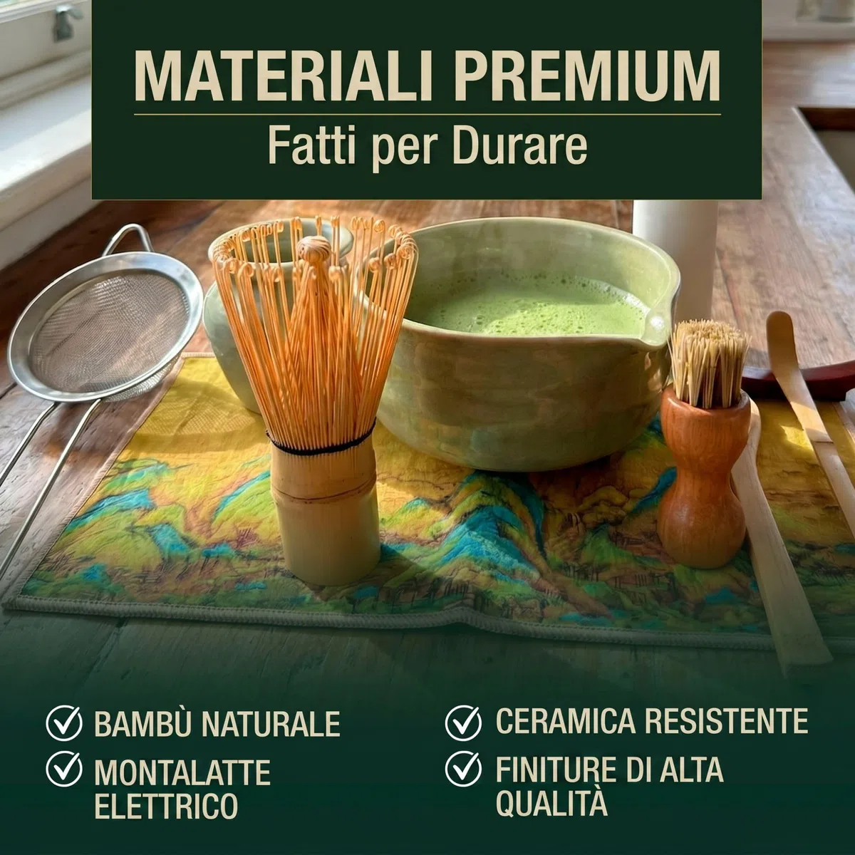 Kit Tè Matcha con Frusta Elettrico Schiuma e Set Completo Accessori Tradizionali Ciotola Ceramica Setaccio Bambù Preparazione Rituale Autentico Iniziazione Set di 11 Pezzi Regalo Premium