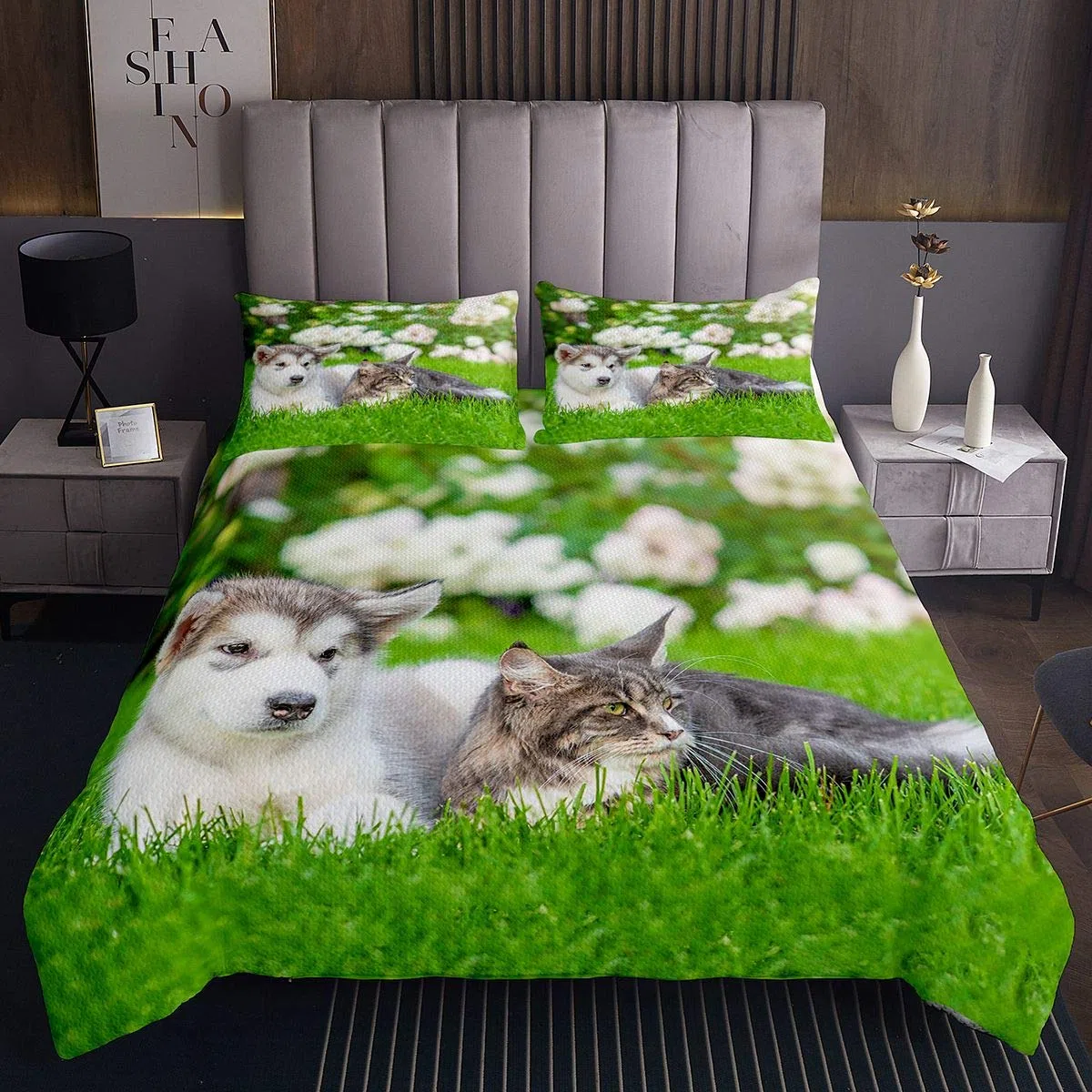 Homemissing Copriletto trapuntato per bambini, ragazzi e ragazze, con gatto e cane, ultra morbido, 3D, estate, verde sole, erba