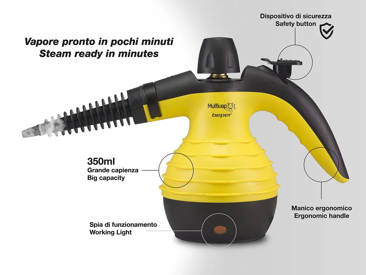 Beper Pulitore a Vapore Igenizzante, Caldaia in Alluminio da 350 Ml, Pulsante Vapore Continuo, Pressione 3.2 Bar, 30 G/Min, Cavo da 3 M Giallo/Nero