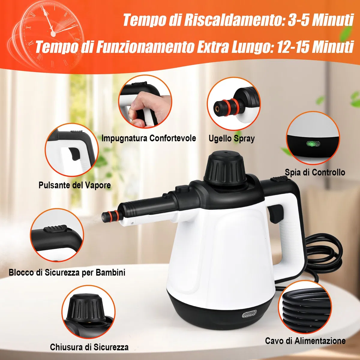 Pulitore Vapore Casa 430ml, 1200W 3,5 Bar Pulitore a Vapore per Divani con 9 Accessori, Pulitore a Vapore Portatile per Moquette,Tende, Divani, Cucina, Auto, Bagni e Altro