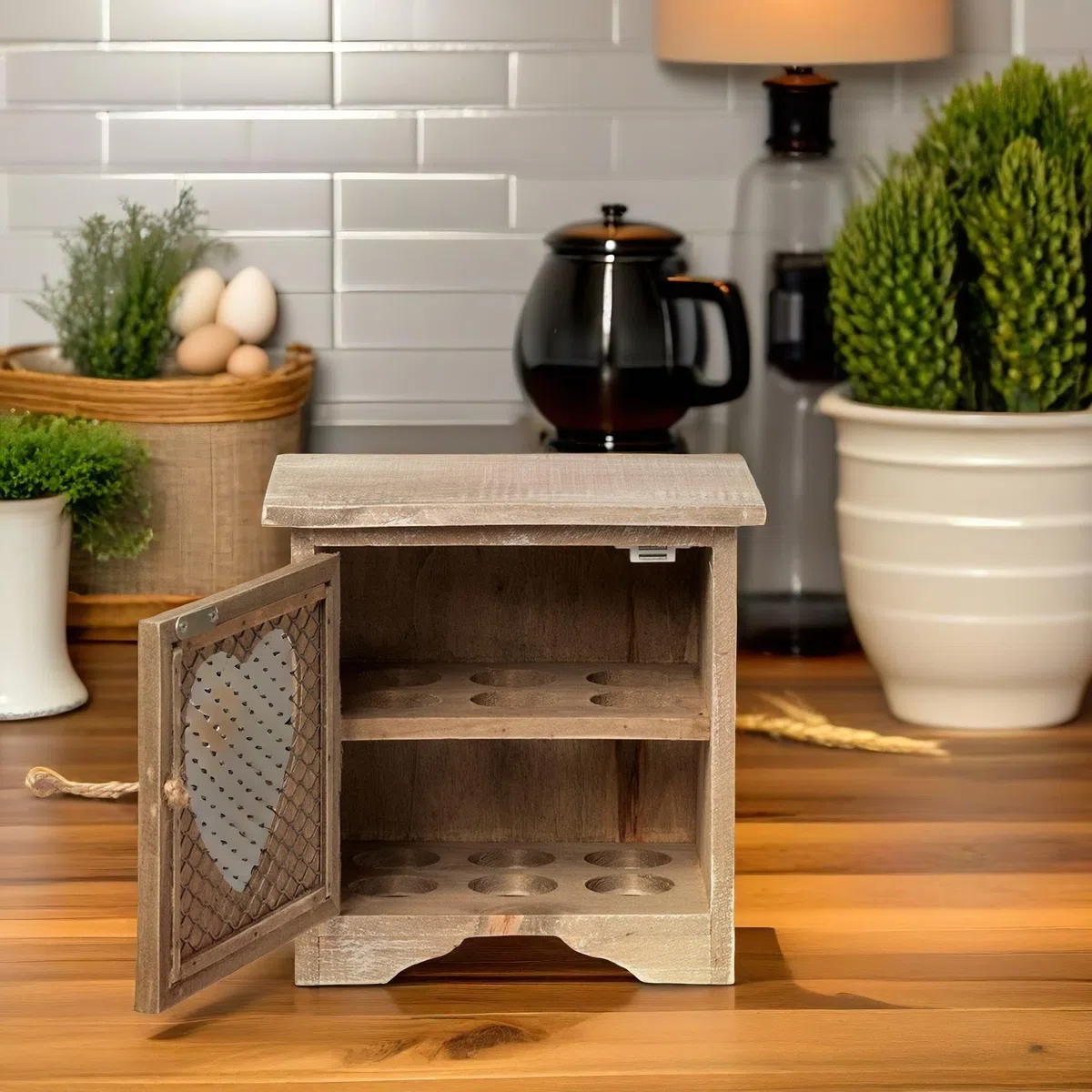 Portauova rustico, per bancone della cucina, finitura in legno grigio con design a forma di fattoria, può contenere 12 uova