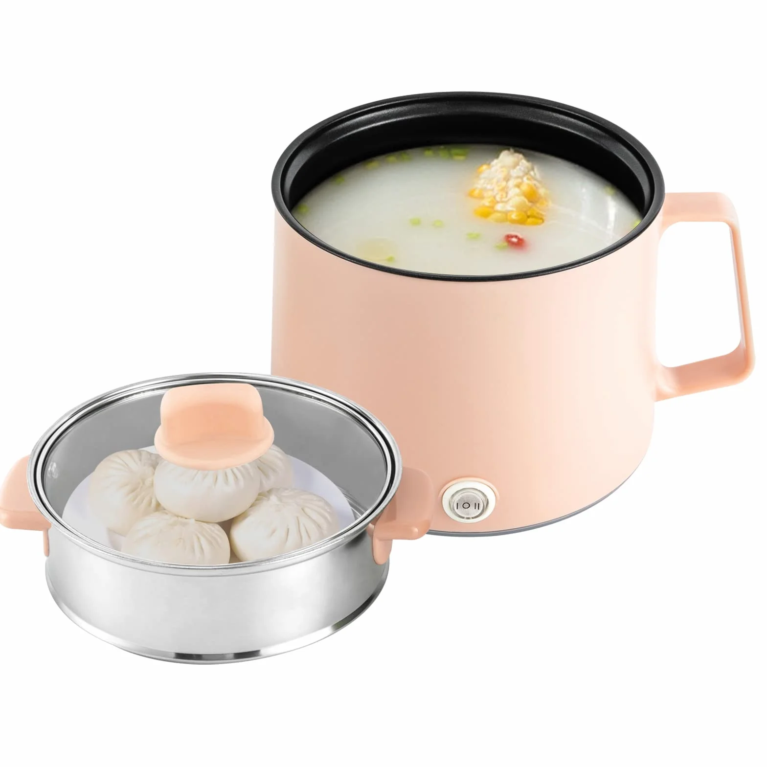Pentola elettrica portatile antiaderente, 17 x 17 x 25 cm, 1,7 l, con coperchio in vetro, doppia potenza, per farina d'avena, pasta (rosa)