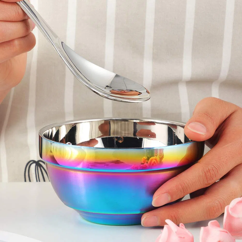 Ciotole per cereali in acciaio inox 18/10, 500 ml, arcobaleno, set da 4 ciotole di riso, grandi ciotole da dessert larghe, 13 cm (5,1 pollici), in metallo, a doppio strato, anti-caldo