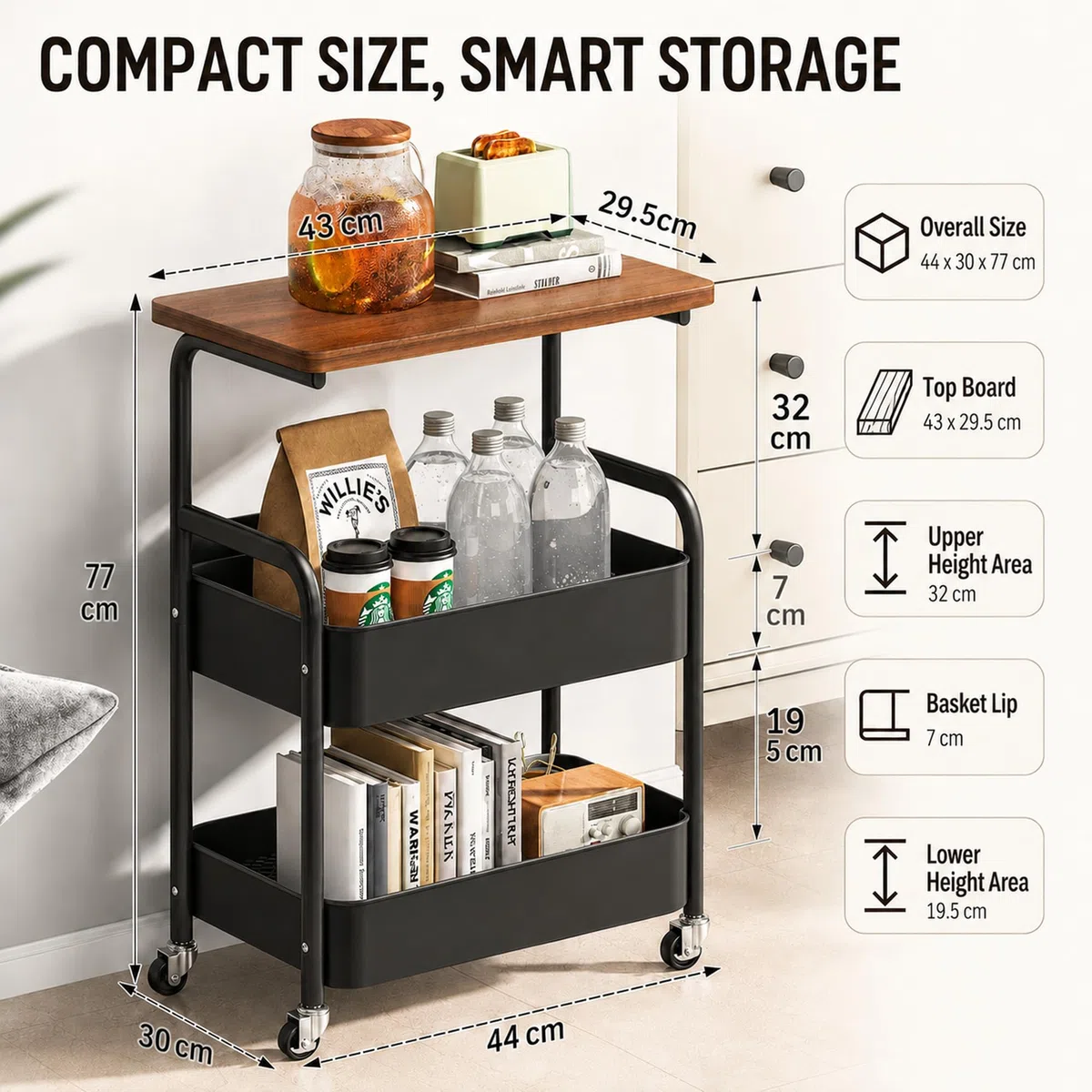 Carrello per libri a 3 livelli, carrello in metallo con pannelli a incastro e piano da tavolo, carrello da servizio per cucina, soggiorno, casa e ufficio, carrello da cucina con ruote