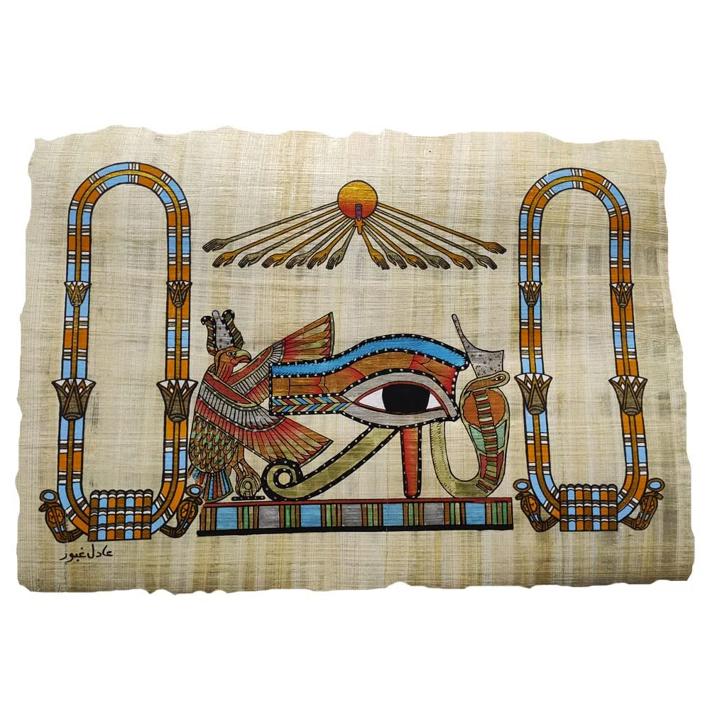 Papiro egiziano originale dell'occhio di Horus di protezione con due nomi in geroglifico