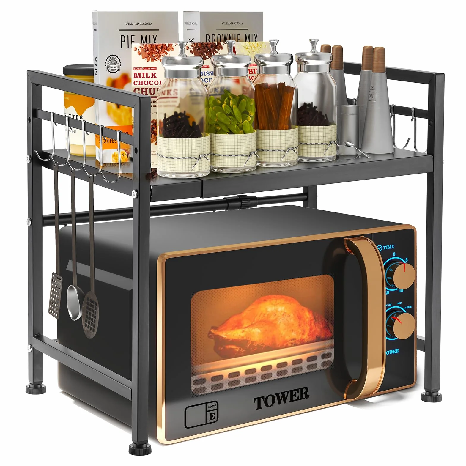 YunNasi Mensola per Microonde Supporto Estensibile per Forno a Microonde con 10 Ganci Scaffale da Cucina in Acciaio Carbonio Organizzatore di Stoccaggio da Cucina per Pentole e Padelle (Bianco 1)
