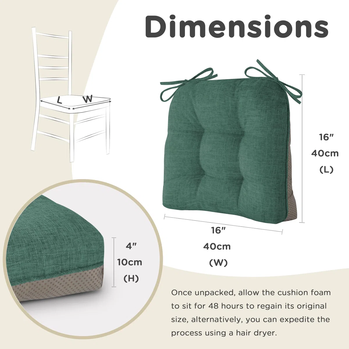 AddGrace Set di 2 cuscini extra spessi per sedie da pranzo, antiscivolo, morbidi, per sala da pranzo, con lacci, 40 x 40 x 10 cm, verde intenso
