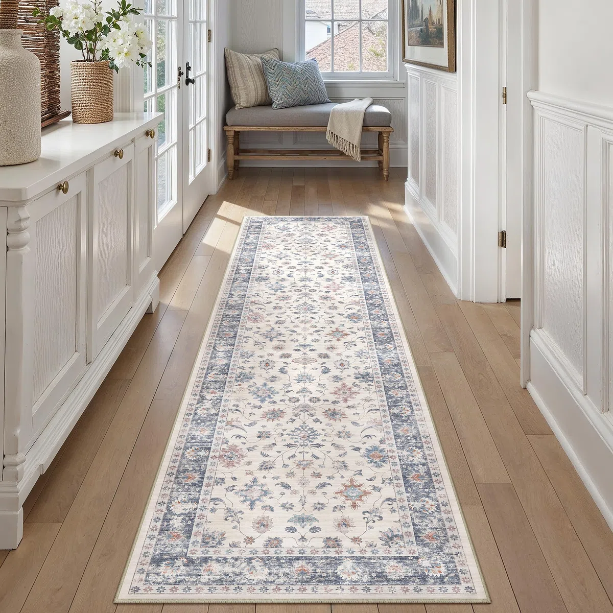 PureCozy Tappeto Corridoio Blu Tappeti 60x240cm Cucina Antiscivolo Lavabile in Lavatrice Moderno Floreale Tapette Camera da Letto Scendiletto Cameretta Ufficio Pelo Corto Lungo Carpet