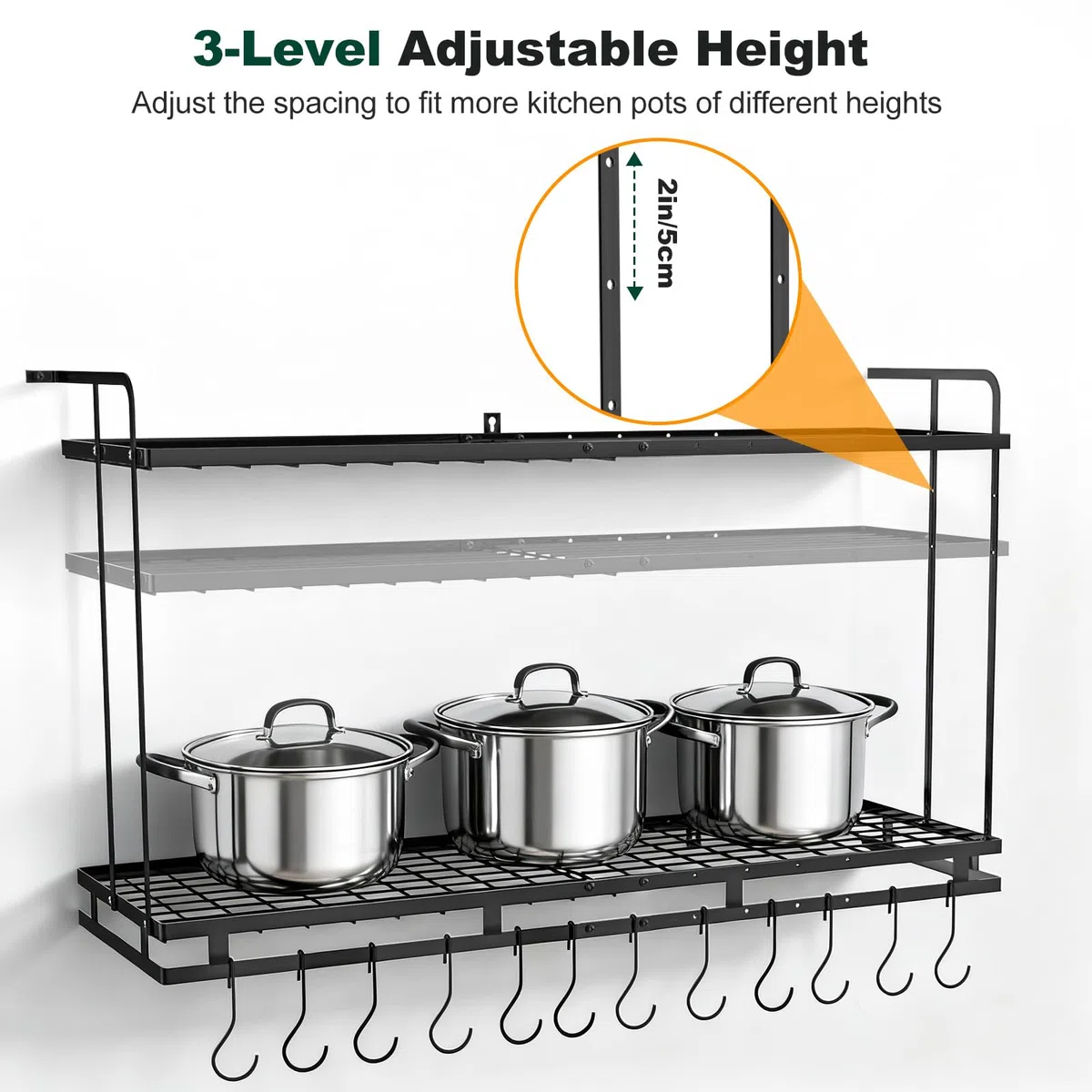 Housolution Porta Pentole da Parete, Lunghezza Estensibile da 57 a 77 cm, Altezza Regolabile su 3 Livelli, Organizer Padelle con 12 Ganci Verticali e 8 Supporti per Coperchi