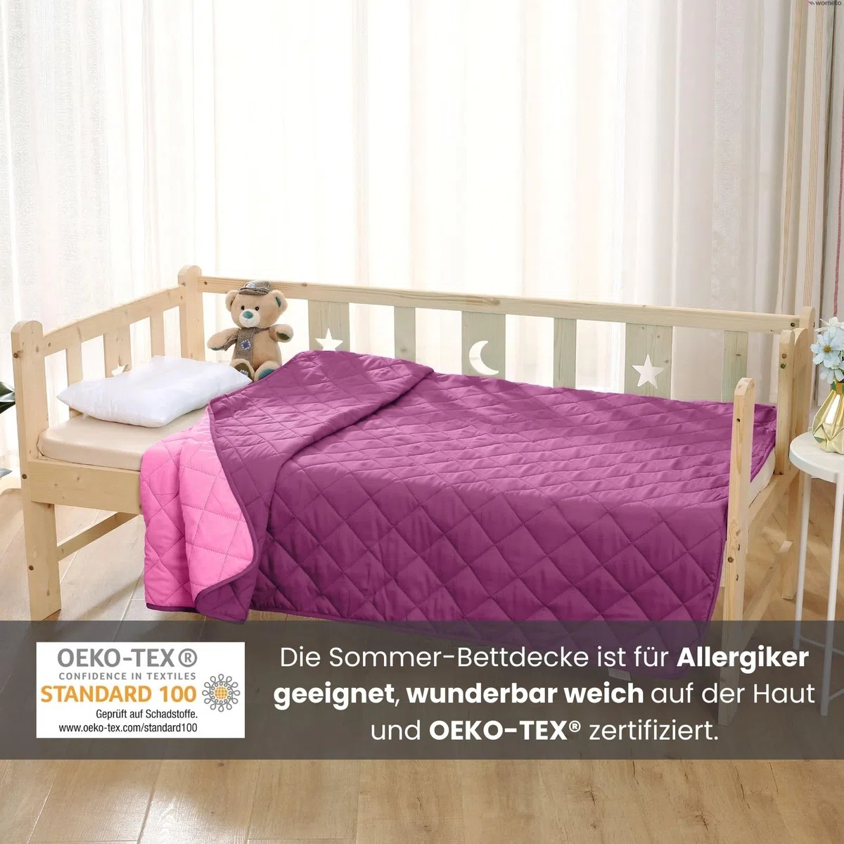 wometo Piumone estivo in microfibra, design reversibile, 200 x 200 cm, OekoTex, colore viola e rosa, adatto per il campeggio e le giornate più calde, utilizzabile come copriletto