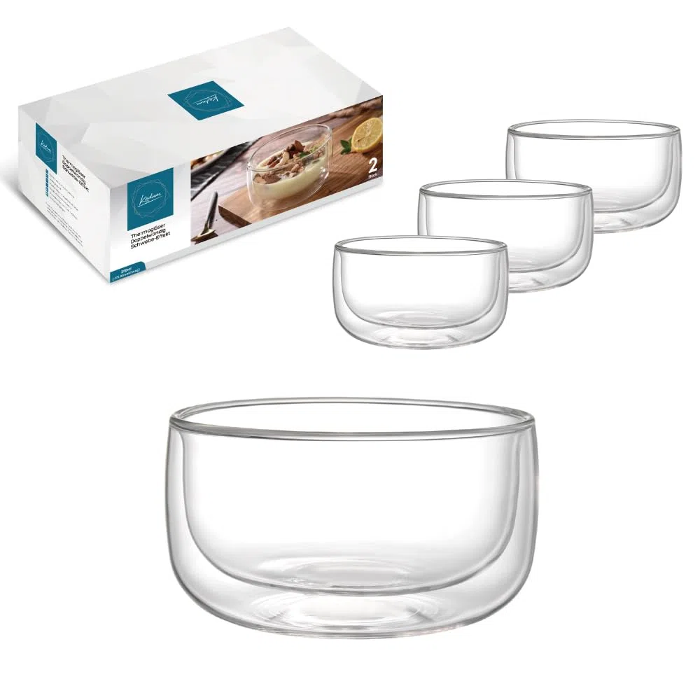 Kadum Set di 4 bicchieri da dessert a doppia parete, in vetro, 350 ml, in confezione regalo con effetto fluttuante, idea regalo, lavabile in lavastoviglie