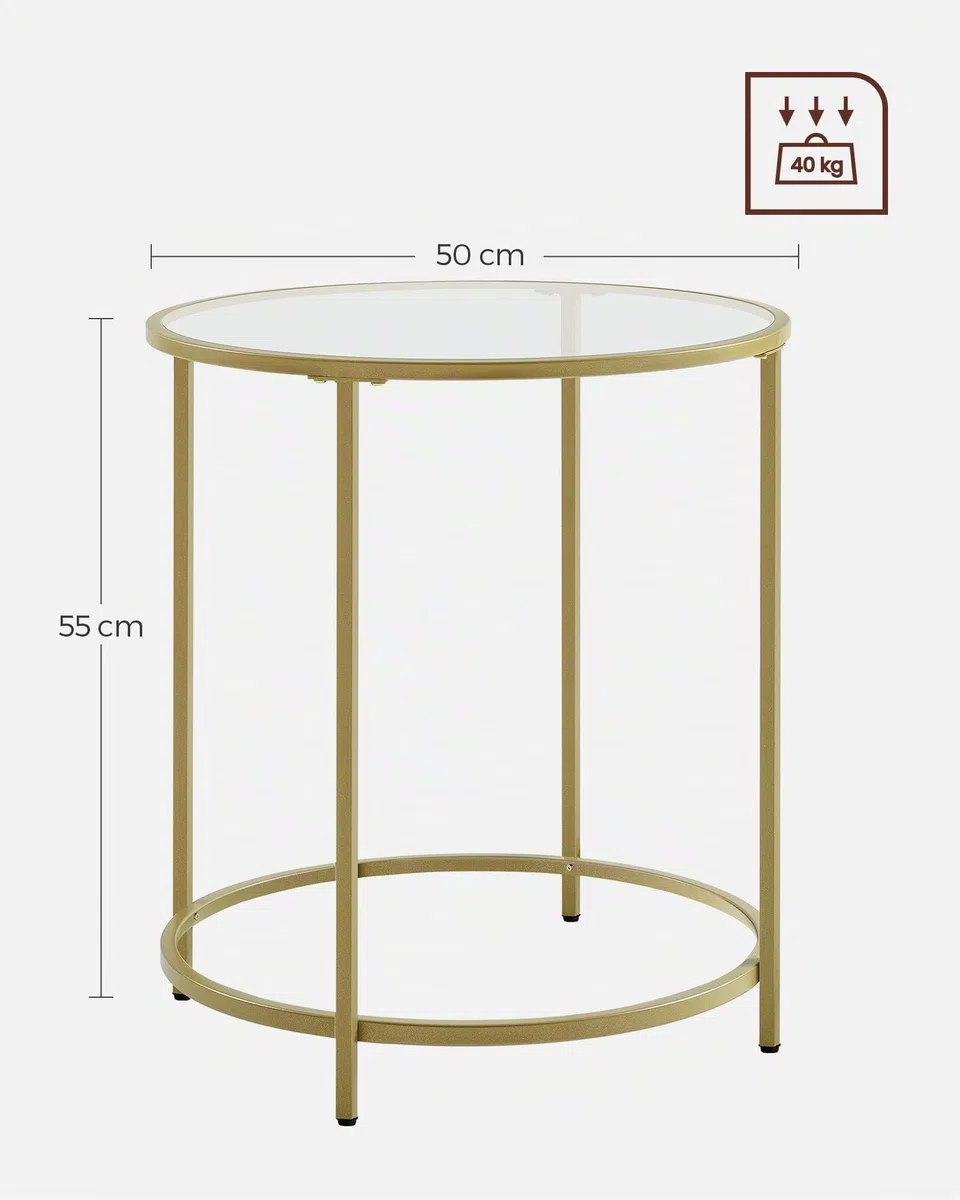 VASAGLE Tavolino Rotondo, Tavolino da Caffè, Struttura in Metallo, Comodino, Piano in Vetro Temperato, Tavolino da Divano per Soggiorno, Balcone, Dorato e Trasparente LGT20G