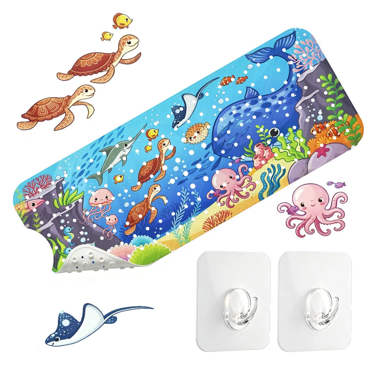 Tappeto Doccia Antiscivolo per Bambini, 100x40 cm Tappetino antiscivolo Doccia, con 2 Ganci, Senza BPA, Antimuffa, Lavabile in Lavatrice, per Vasca & Doccia, Blu
