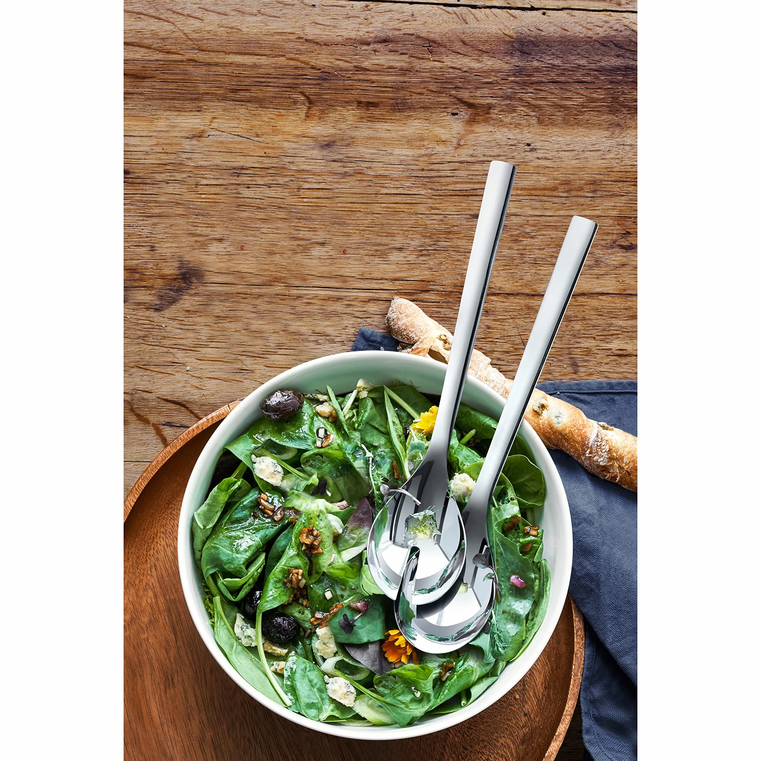 WMF Nuova Insalatiera Set di 3 Posate da Insalata in Acciaio Inox, 30 cm, con insalatiera, Acciaio Inox Cromato Lucido, Porcellana, Lavabile in lavastoviglie