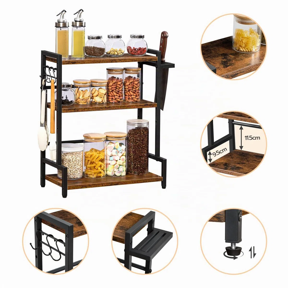 HOOBRO Scaffale Portaspezie, Organizer da Cucina con 3 Ganci, Scaffale per Condimenti 3 Ripiani, con Porta Coltello, Piedini Regolabili, Stile Industriale, per Sala da Pranzo, Cucina EBF01TL01
