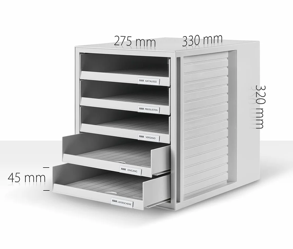 Cassettiera portadocumenti HAN SET-ARMADIO – design accattivante per documenti fino al formato C4, 5 cassetti aperti, grigio chiaro, 1401-11