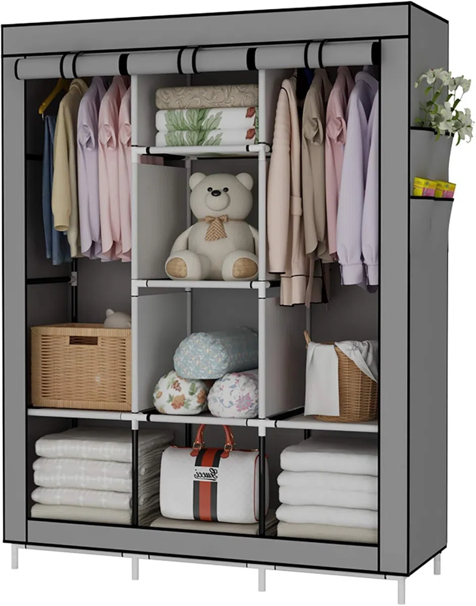 Armadio in Tessuto, Guardaroba Pieghevole Salvaspazio, Appendiabiti, Scaffale per Borse, Giocattoli, Scarpe, Soggiorno, Camera da Letto, 150 x 45 x 170 cm (Grigio)