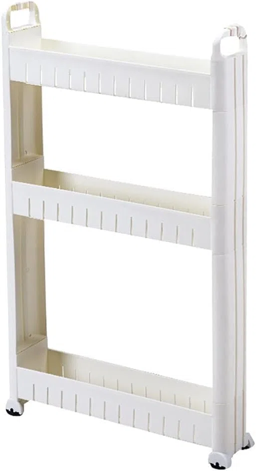 BAKUGO Carrellino Salvaspazio A Ruote Sottile A 3 Livelli, Organizzatore Di Scaffali Mobili Per Ufficio, Buanderia, Bagno, Cucina, In Plastica, Bianco, Larghezza 10cm