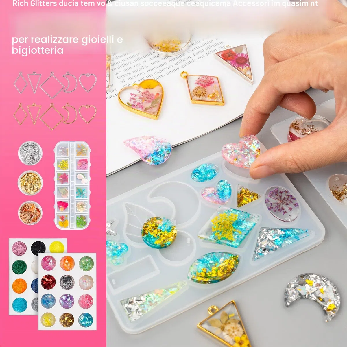 YIEHO 300g Kit di Resina UV con Luce e Stampi, Resina Epossidica trasparente per Gioielli per Creazioni DIY di Portachiavi, Orecchini e Collane