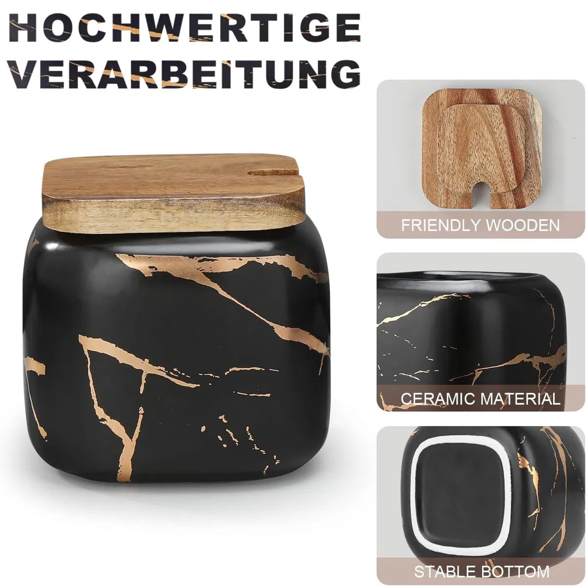 Set Zuccheriera in Ceramica, 3 pz Condimento Box con Coperchio e Cucchiaio e Vassoio, Spezia Jar Cucina Scatola Barattolo di Spezie, Utensili da Cucina Forniture per Spezie, Nero