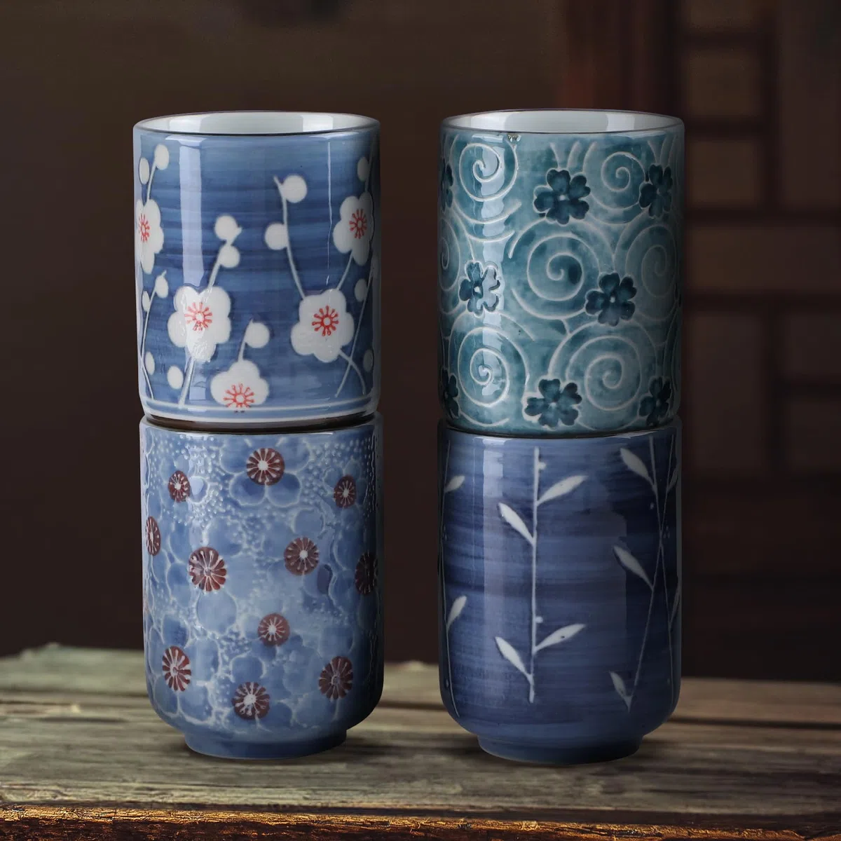 Tazze da tè giapponesi in ceramica, 11 Oz, 320 ml, set da 4 tazze da tè cinesi senza manico, tazze da tè asiatiche senza manico, tazze cinesi per caffè sake, tè e fiori, bel design