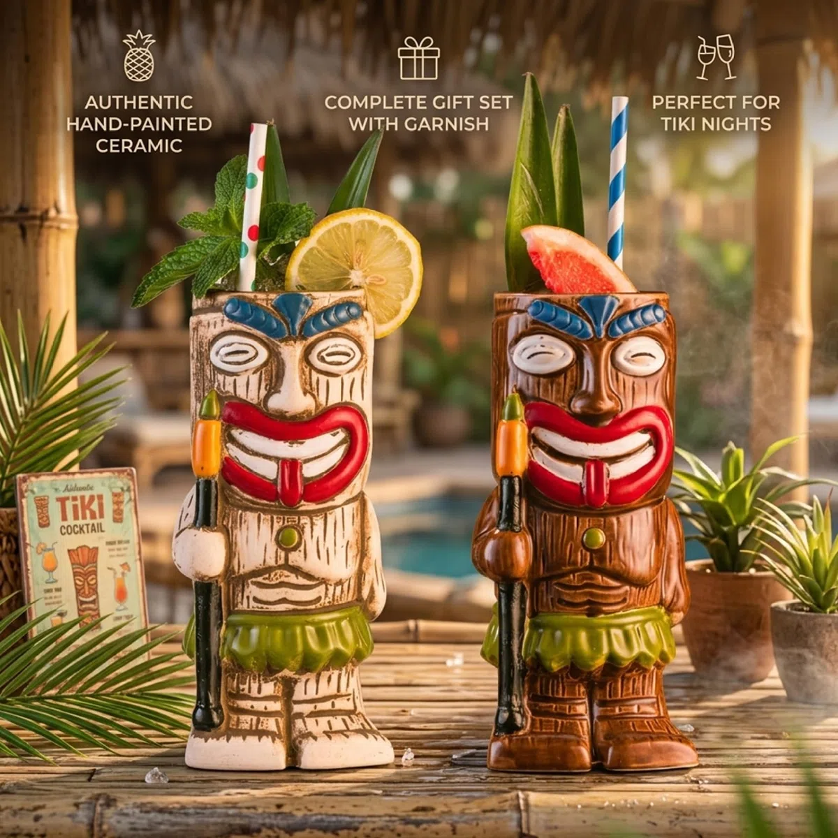 Set da 2 tazze da cocktail Tiki, tazze Tiki in ceramica dal design unico, bicchieri hawaiani per decorazioni per feste tropicali, bicchieri da cocktail per bar di casa, stile 1
