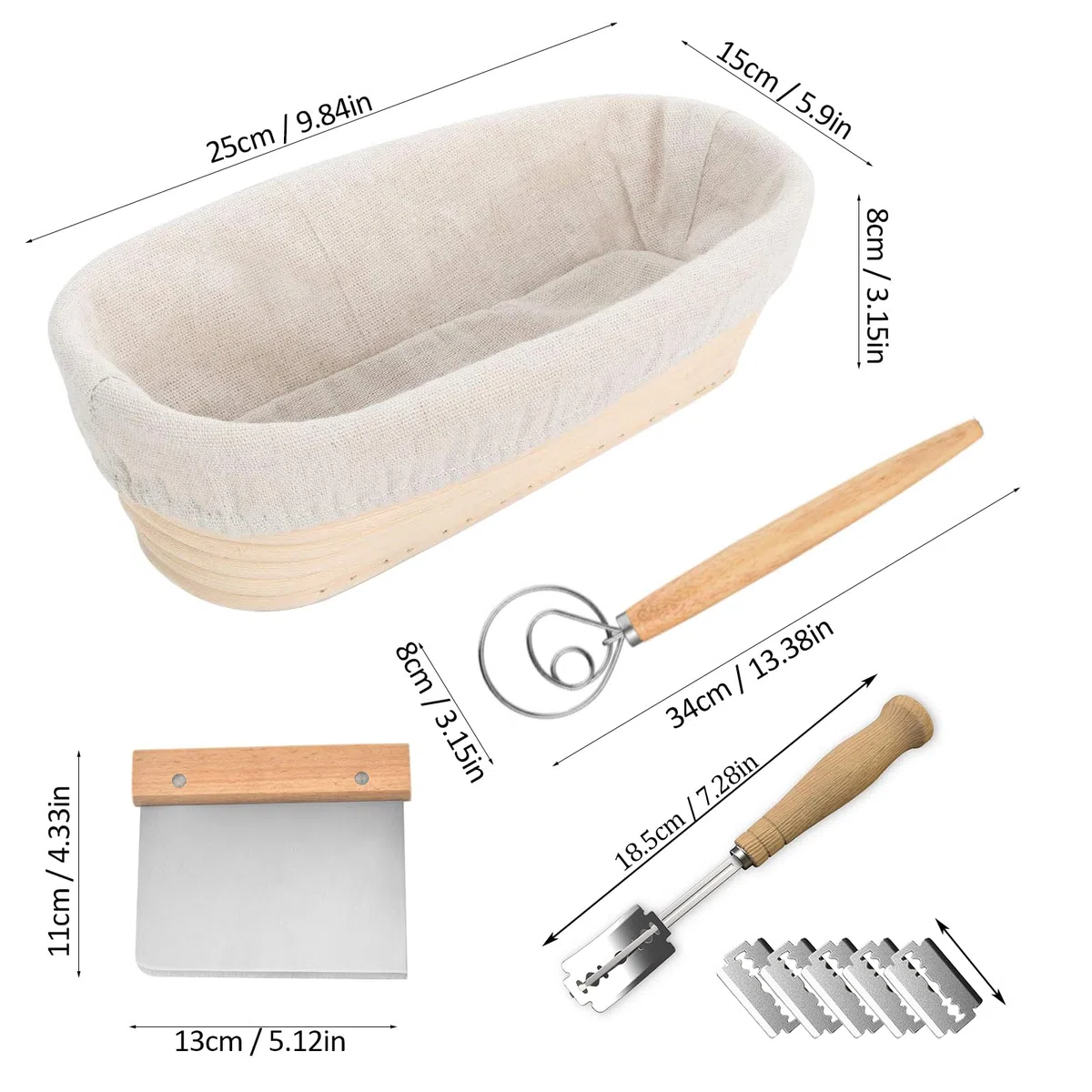 Cestino Ovale da Lievitazione per Pane,2 Pezzi 11 "Cesto in Rattan Naturale,750g di impasto,con Tela di Lino,asta mescolare farina,per impasto di pane,pizza e pasticceria,25x14x8cm