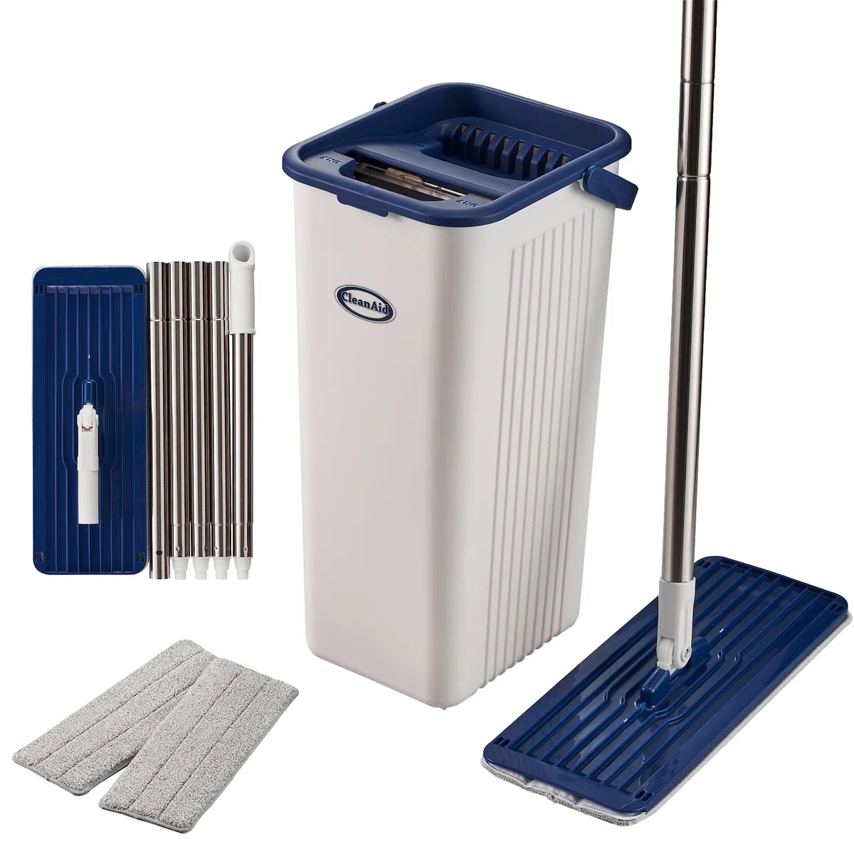 mocio lavapavimenti rotante Formosa 2 - Flat mop lavapavimenti a 360°, secchio con doppio scomparto e manico in acciaio inox da 155 cm - 2 panni in microfibra per tutte le superfici lisce