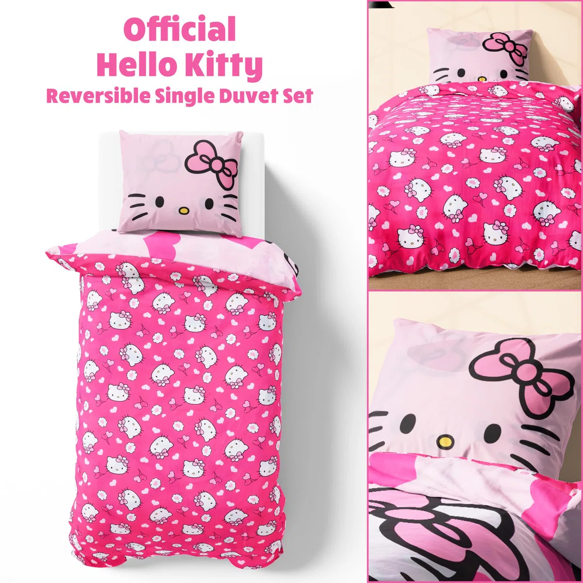 Hello Kitty Sanrio Copripiumino Singolo Reversibile Bambina Ragazza 135x200, Accessori Camera da Letto Kuromi Cinnamoroll, Regalo per Lei (Rosa Hello Kitty, Singolo)
