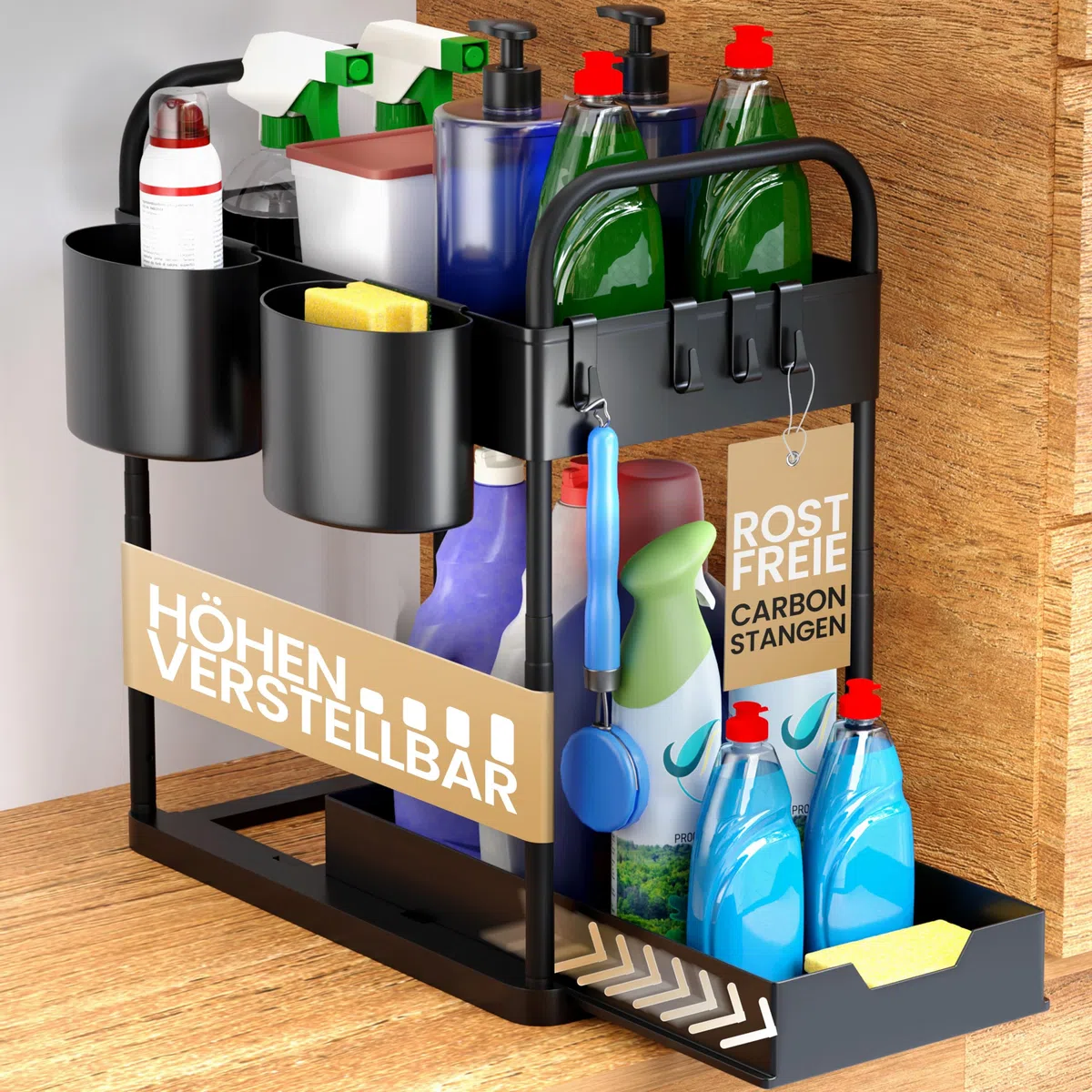 HELDENWERK Scaffale sotto lavandino per mobile sottolavello regolabile in altezza con 2 ripiani in nero I Organizer cucina mobile sotto portaspezie I Organizer mobile sottolavandino