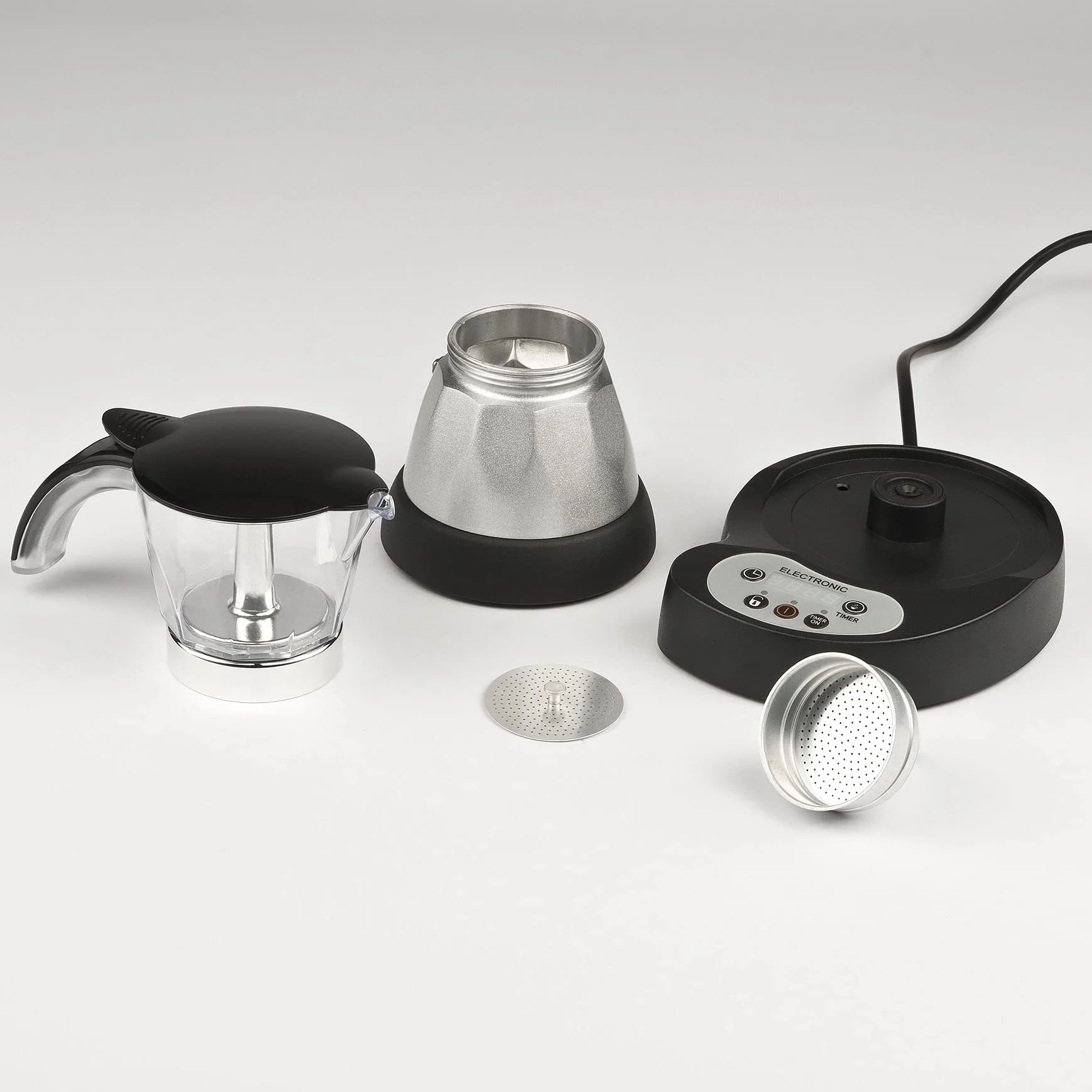 Girmi MC23 Moka elettrica Programmabile per caffè in polvere, da 1 a 3 tazze, 400W, Display LED, Timer, Mantenimento in caldo, Rotazione 360°, Nero/argento