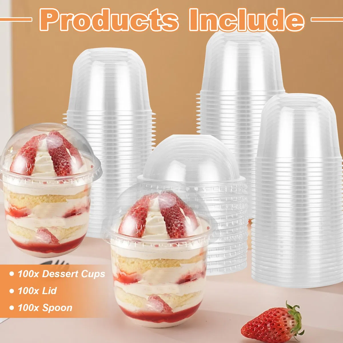 MIVIDE Set di 100 Bicchieri da Dessert con Coperchio, 300 ml/10 oz, Tazze da Dessert in Plastica Riutilizzabili, Coppette con Coperchio per Mousse, Budini, Gelati, Feste di Dessert