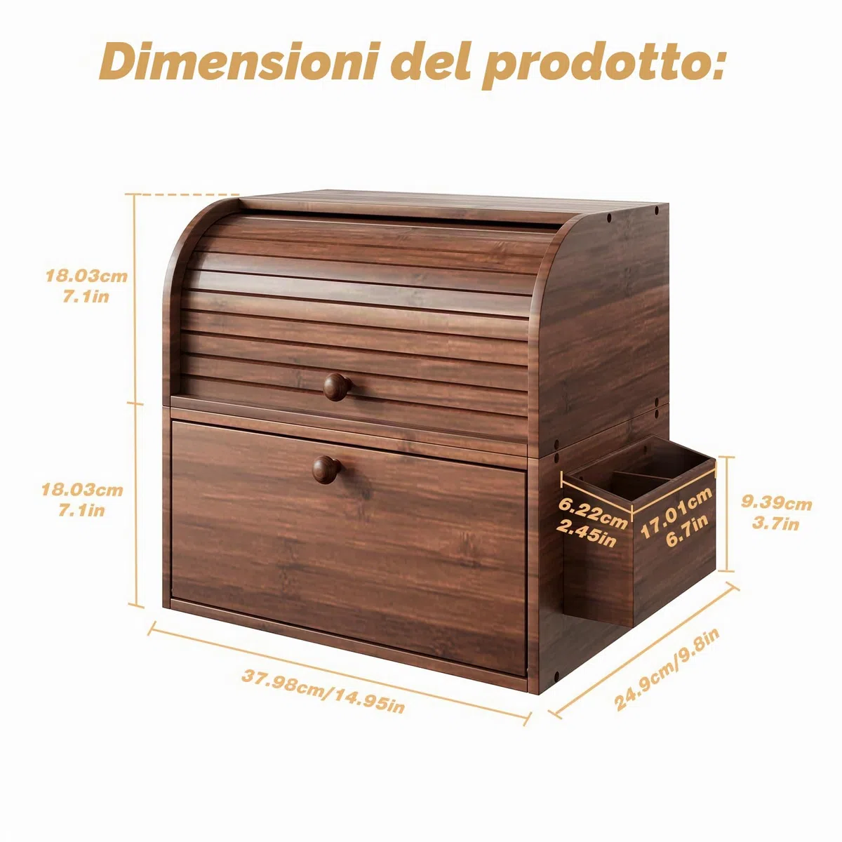 TQVAI Portapane Legno, Porta Pane da Cucina in Bambù Contenitore Grande 2 Ripian Capacità con Coperchio Arrotolabile Cestino per Posate, Marrone Retrò, 37,98 x 24,9 x 36,06CM(L*P*A)