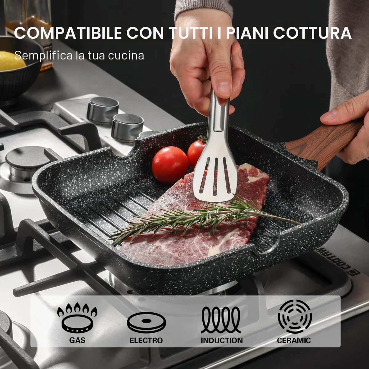 Kordisen Padella Bistecchiera Antiaderente 28 cm – Griglia Quadrata con Rivestimento in Granito, Doppio Beccuccio, Adatta a Tutti i Piani Cottura Inclusa Induzione, Senza PFOA