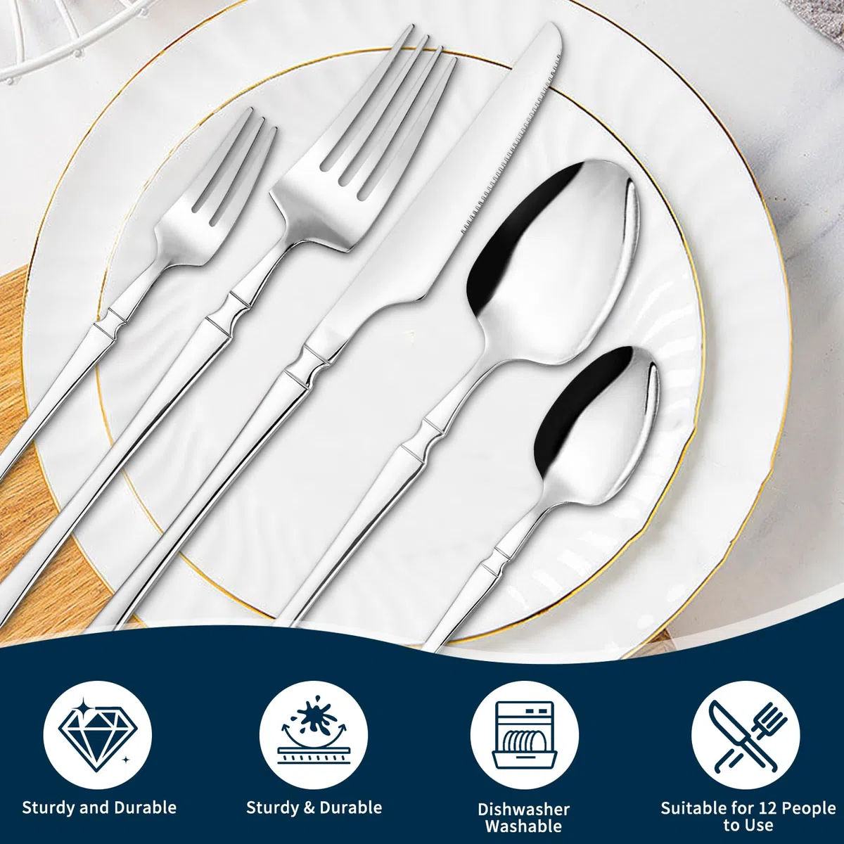 Set Posate Acciaio Inox Set di Posate 60 Pezzi per 12 Persone Set di Posate con Coltello Forchetta Cucchiaio in Argento per Casa Ristoranti Feste e Matrimoni Lavabile in Lavastovigli