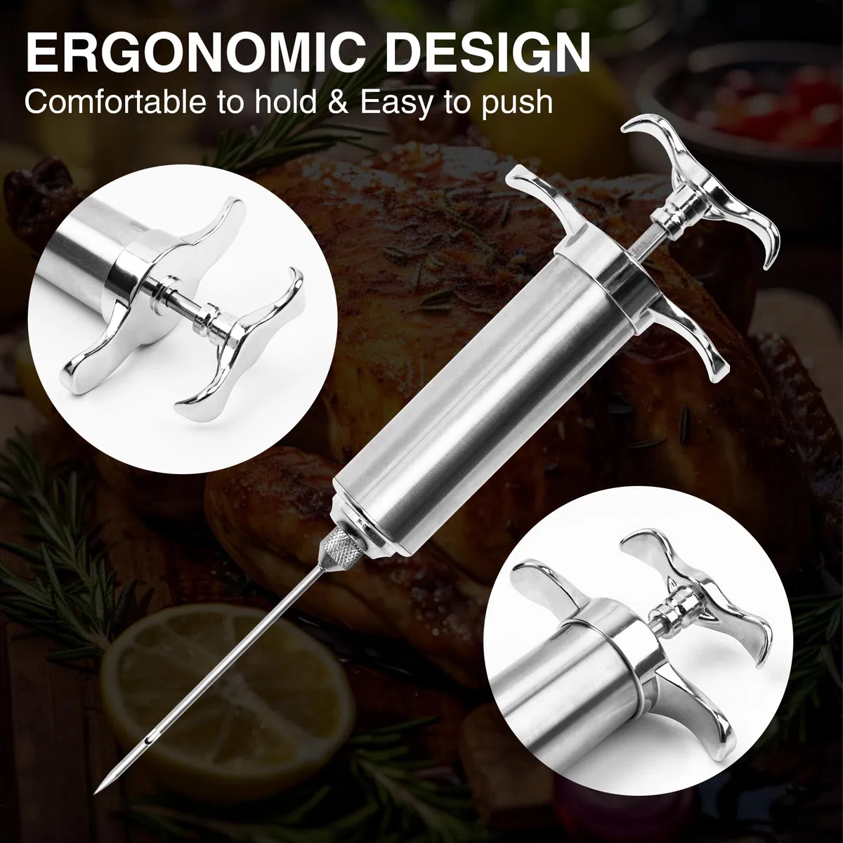 Kit siringa iniettore di carne in acciaio inox con 3 aghi per marinata, siringa da cucina in acciaio inox per la cottura del tacchino