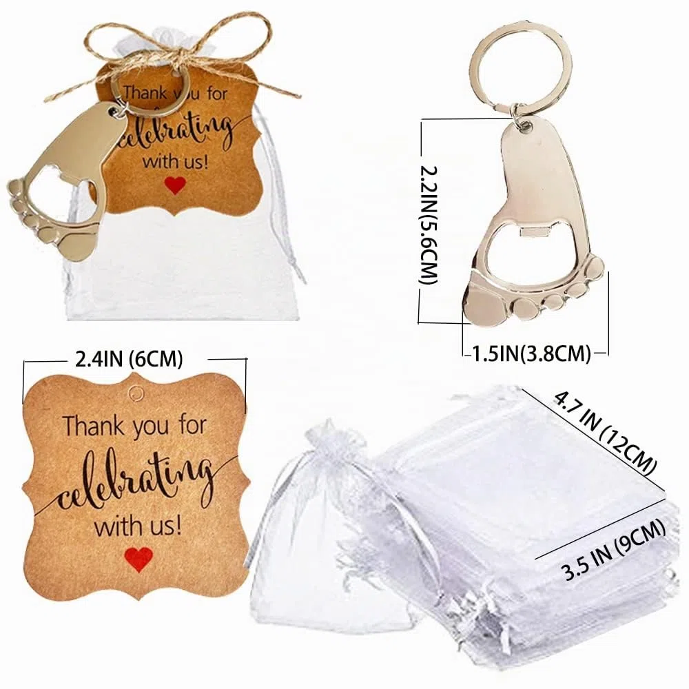 30 Pezzi Impronta Portachiavi Apribottiglie con Borse e Carta Baby Shower Favors per Guest Baby Shower Premi Festa di Compleanno Favore Regali, Argento