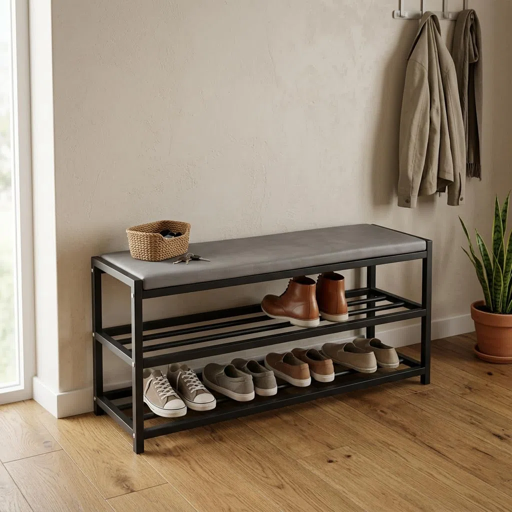 MAKA Scarpiera Salvaspazio Slim, in Metallo Nera, Scarpiera Ingresso, Organizer Scarpe Diverse Misure, Scaffali Portascarpe, Panca con Seduta (90 cm + panca)