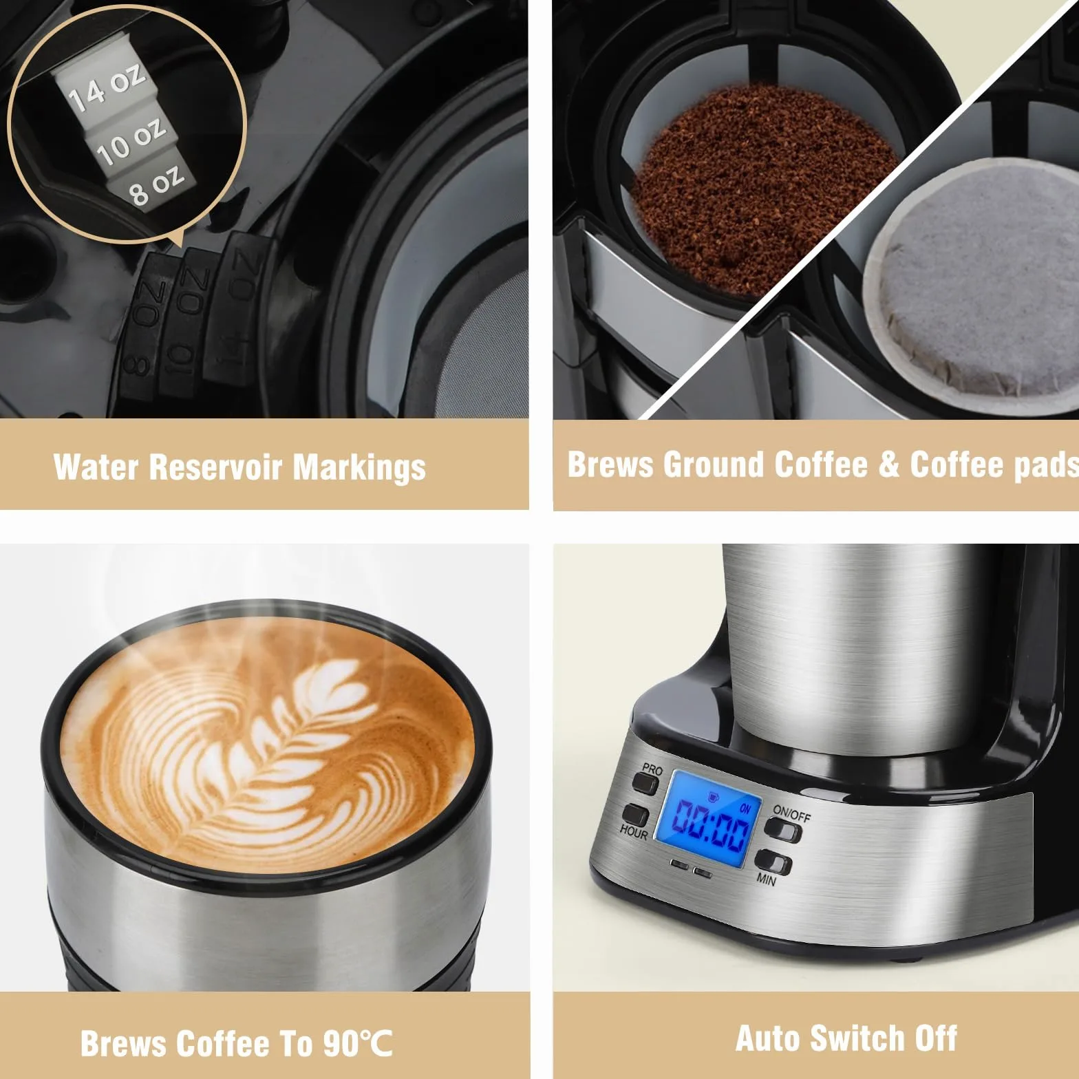 Aigostar - Macchina Caffè Americano a goccia con tazza isolata, Programmabile 24H, Schermo LCD, 420 ml, Funzione AutoPulizia, Caffettiera con filtro per 1 tazza riutilizzabile, 700W, 1 Tazza, Nero