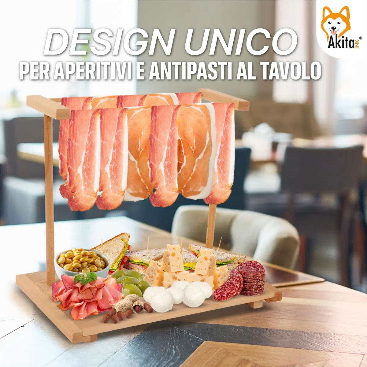 AKITAInk Tagliere per Aperitivo, appendi prosciutto in Legno di faggio, Tagliere con Stand Appendi Affettati, Vassoio per Salumi, Formaggi Ideale per Aperitivi, Apericena Made in Italy (49x27x33 cm)