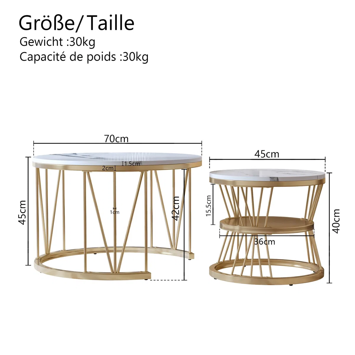 Set di 2 Tavolini Nido da Salotto Rotondi, Tavolino Salotto Marmo Staffa Metallica, 70×70×45 cm+45×45×40 cm, Set 2 Tavolino Soggiorno Moderno Impilabile, Tavolini Ausiliari per Salotto