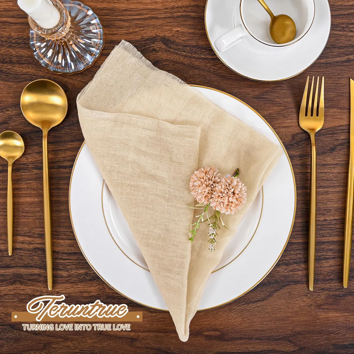 Teruntrue Confezione da 30 tovaglioli di stoffa beige con garza, lavabili, stile bohémien, per matrimoni, feste di compleanno, decorazioni per feste, 50 x 50 cm