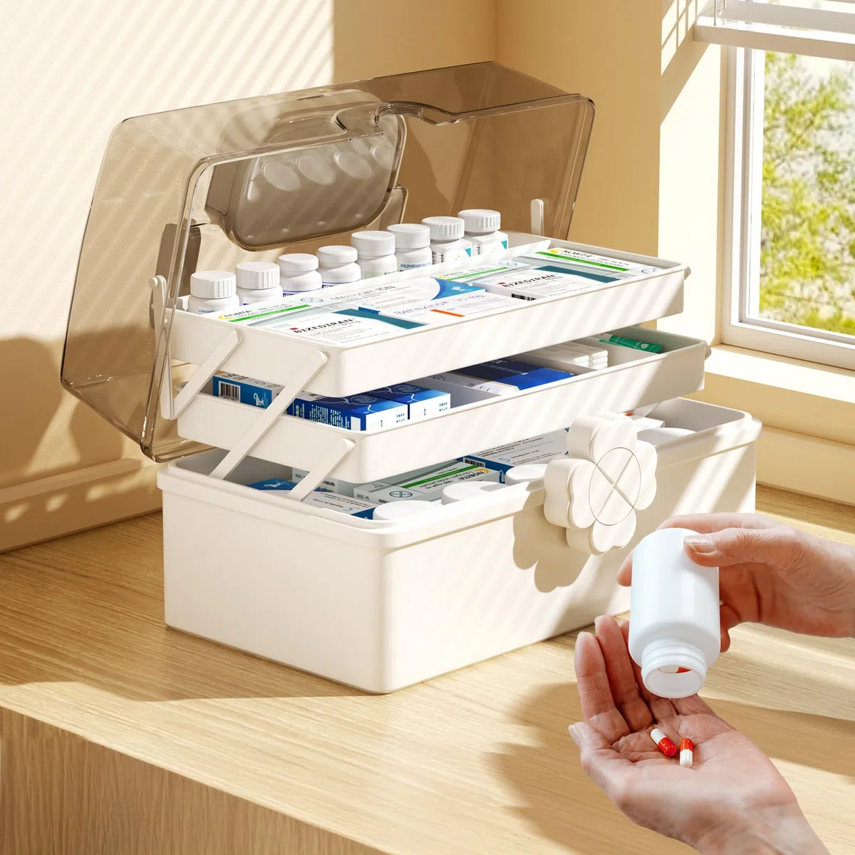 Mihoho Grande scatola per medicinali a 3 strati, organizer per medicinali a 3 livelli, organizer per scatole di immagazzinaggio con scomparti, custodia per kit di emergenza per la famiglia (bianco K)