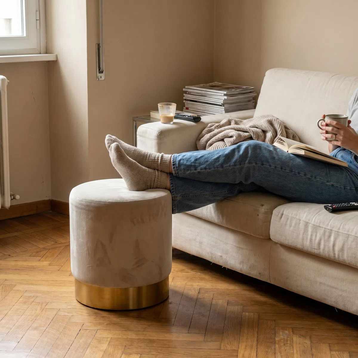 INTRECCI Pouf Cilindro in Velluto con Base Oro Elegante | Sgabello Poggiapiedi Imbottito per Salotto e Camera da Letto | Poltroncina Rotonda, Design Moderno | Ø 32 x H 40 cm – Colore: Beige